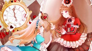 Preview wallpaper alice in wonderland, queen, girls, dresses, mirror, anime