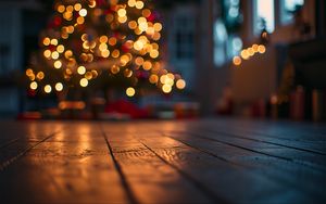 Preview wallpaper boards, wood, christmas tree, bokeh, blur, new year, christmas