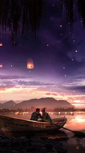 Preview wallpaper boat, couple, stars, night, romance, art