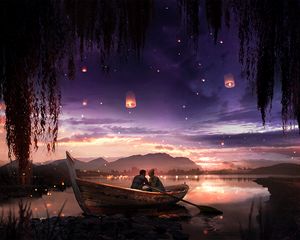 Preview wallpaper boat, couple, stars, night, romance, art