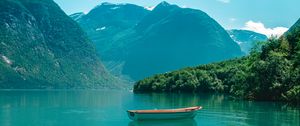 Preview wallpaper boat, mountains, lake, water, horizon