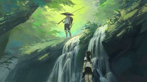 Preview wallpaper boy, girl, waterfall, art, forest, jungle