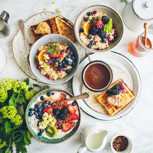 Preview wallpaper breakfast, porridge, waffles, fruit