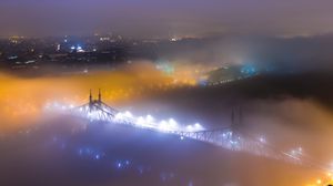 Preview wallpaper bridge, fog, night city, aerial view, budapest, hungary