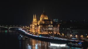 Preview wallpaper bridge, night city, city lights, budapest, hungary