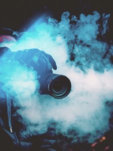 Preview wallpaper camera, photographer, smoke, color smoke