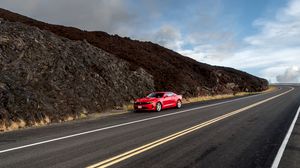 Preview wallpaper car, red, road, hill