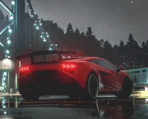 Preview wallpaper car, red, sports car, side view, lights, wet