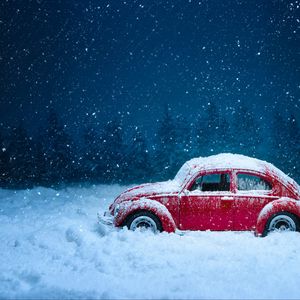 Preview wallpaper car, retro, winter, snow, snowfall, vintage, red, old