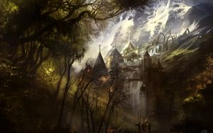 Preview wallpaper castle, architecture, mountains, silhouettes, fantasy, art