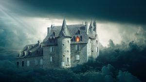 Preview wallpaper castle, clouds, gloomy, mystical