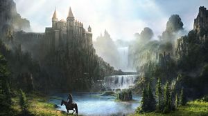 Preview wallpaper castle, waterfall, mountains, green, horseman