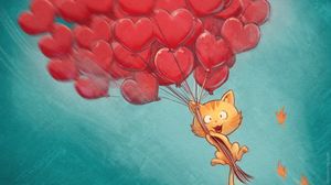 Preview wallpaper cat, balloons, hearts, flight, sky, art