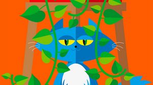 Preview wallpaper cat, pet, leaves, plant, vector, art, cartoon, bright