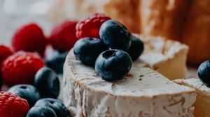 Preview wallpaper cheese, blueberries, raspberries, berries, dessert