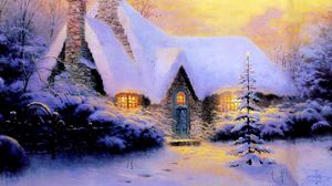 Preview wallpaper christmas, new year, house, fur-tree, snow, winter, light, stone