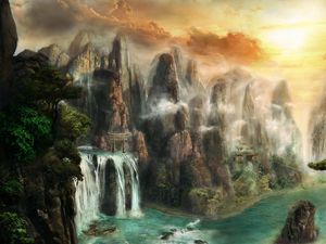 Preview wallpaper cliffs, waterfalls, mist, nature