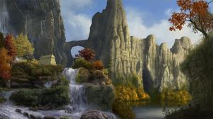 Preview wallpaper cliffs, waterfalls, sky, nature, trees