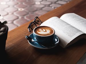 Preview wallpaper coffee, book, glasses, drink, cup, table