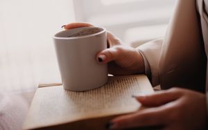 Preview wallpaper coffee, cup, book, hands