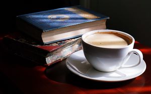 Preview wallpaper coffee, cup, shadows, book, drink