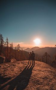 Preview wallpaper couple, mountains, travel, sunset, sequoia national park, united states