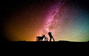 Preview wallpaper couple, silhouettes, hugs, starry sky, love, motorcycle