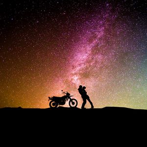 Preview wallpaper couple, silhouettes, hugs, starry sky, love, motorcycle