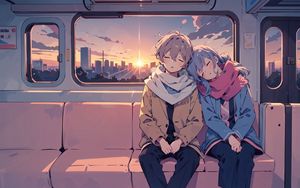 Preview wallpaper couple, sleep, romance, train, dawn, anime, art