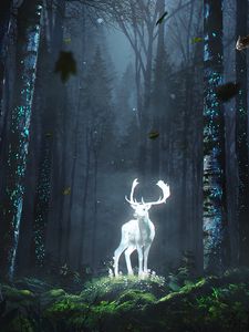 Preview wallpaper deer, forest, night, glow, art, grass, trees, leaves