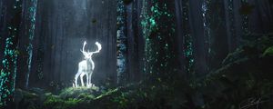 Preview wallpaper deer, forest, night, glow, art, grass, trees, leaves