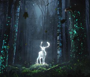 Preview wallpaper deer, forest, night, glow, art, grass, trees, leaves