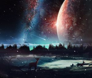 Preview wallpaper deer, planet, art, space, stars