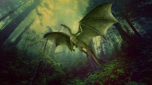 Preview wallpaper dragon, forest, fog, flight, photoshop