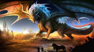 Preview wallpaper dragons, mother, cub, people, animals, sunset