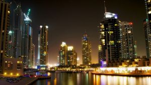 Preview wallpaper dubai, sea, beach, buildings, skyscrapers, night