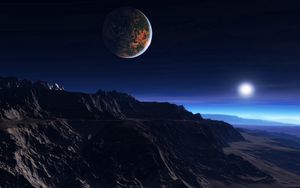 Preview wallpaper exoplanet atmosphere, clouds, stars, moon, mist, mountains, rocks