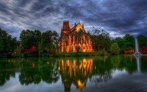 Preview wallpaper germany, park, cathedral, fountain, church, pond, trees