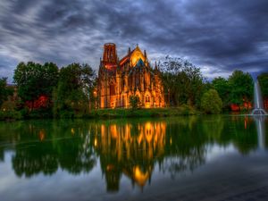 Preview wallpaper germany, park, cathedral, fountain, church, pond, trees