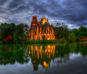 Preview wallpaper germany, park, cathedral, fountain, church, pond, trees