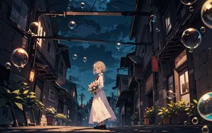 Preview wallpaper girl, bouquet, bubbles, street, anime, art