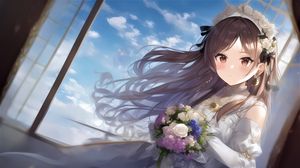 Preview wallpaper girl, bride, dress, flowers, bouquet, anime