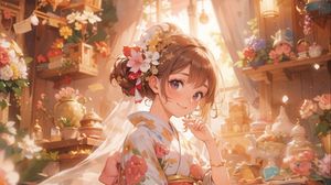 Preview wallpaper girl, bride, smile, kimono, flowers, anime, art