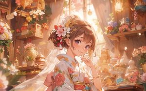 Preview wallpaper girl, bride, smile, kimono, flowers, anime, art