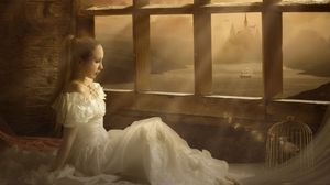 Preview wallpaper girl, bride, window, bird, cage, music, singing, dress