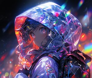 Preview wallpaper girl, cloak, hood, backpack, anime