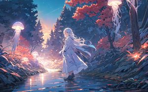 Preview wallpaper girl, cloak, road, jellyfish, anime, art