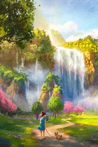 Preview wallpaper girl, dog, waterfall, landscape, art