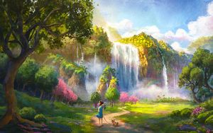 Preview wallpaper girl, dog, waterfall, landscape, art