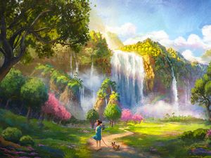 Preview wallpaper girl, dog, waterfall, landscape, art